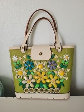 Vintage Enid Collins of Texas Rare Green Canvas Flower Basket Purse Handbag